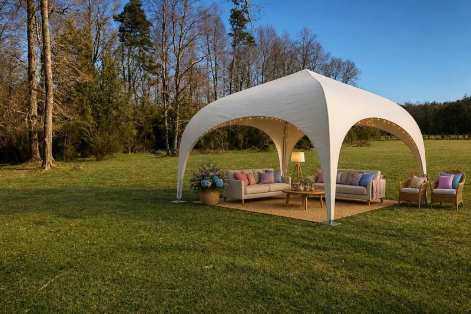 La carpa iglú de 7 por 7 metros instalada sobre pasto, con un lounge de sofás
