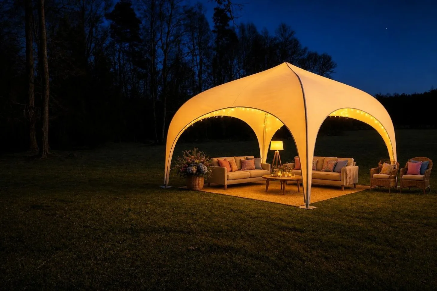 Carpa iglú iluminada por dentro de noche, con un lounge de sofás sobre una alfombra
